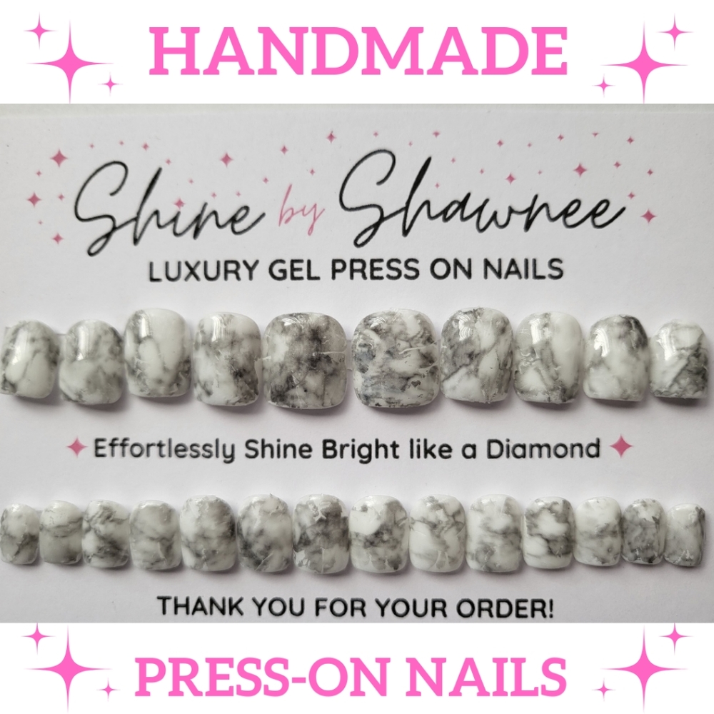 Handmade Luxury Press-On Nails | Sturdy & Reusable | WHITE MARBLE